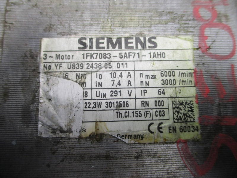 SIEMENS 1FK7083-5AF71-1AH0 291V 7.4/10.4A UNMP
