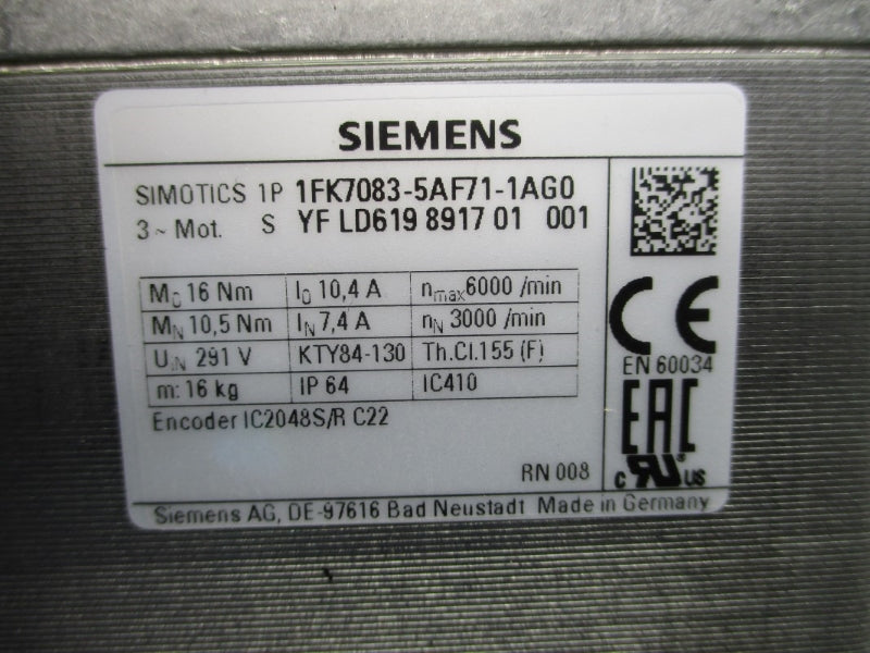 SIEMENS 1FK7083-5AF71-1AG0 291V 7.4/10.4A NSNP