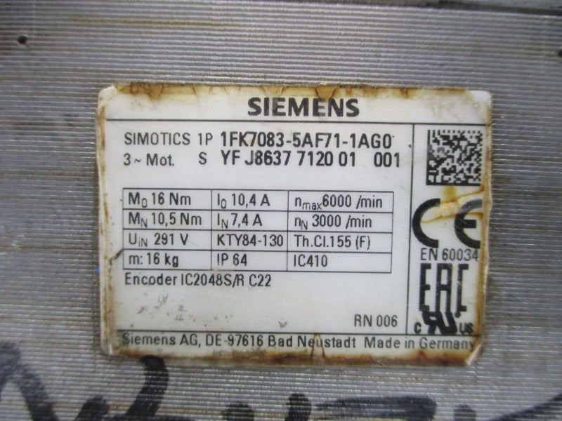 SIEMENS 1FK7083-5AF71-1AG0 291V 7.4/10.4A NSNP