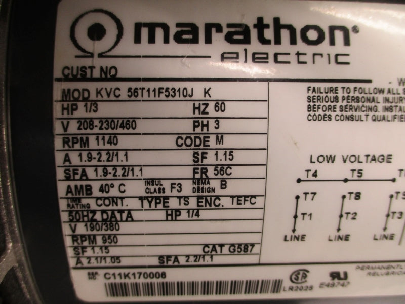 MARATHON ELECTRIC KVC56T11F5310JK G587 208-230/460V 1.9-2.2/1.1A NSNP