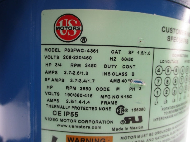 GOULDS WATER TECHNOLOGY 1MC1D5C4.01 W/ US MOTORS P63FWC-4361 208-230/460V 2.7-2.6/1.3A NSNP