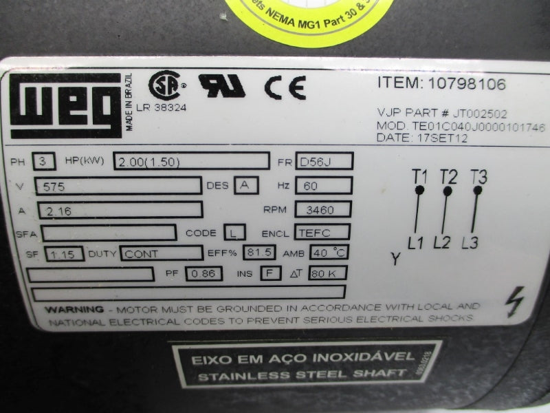 WEG JT002502 TE01C040J0000101746 575V 2.16A NSNP
