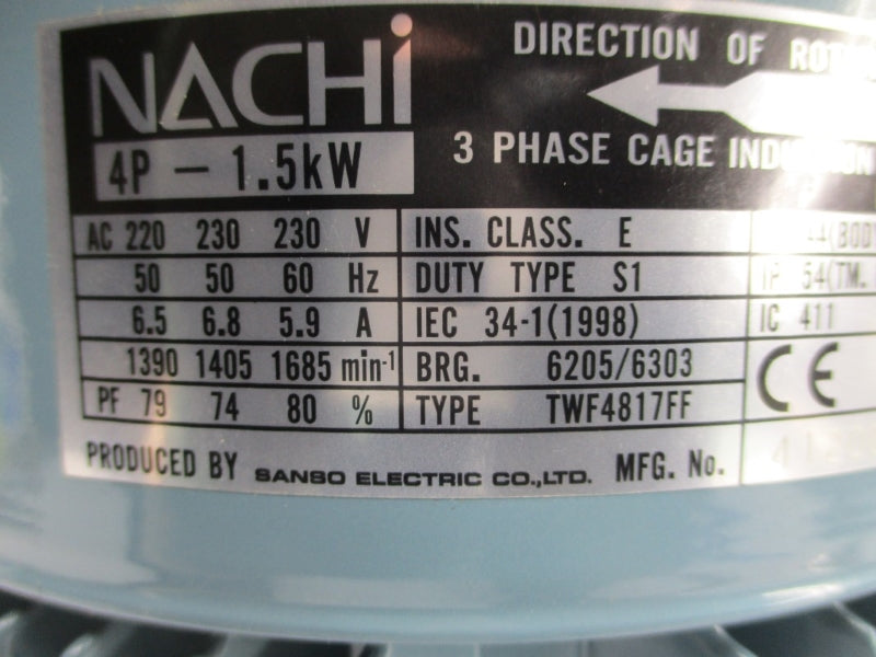 NACHI UVN-1A-0A4-1.5E-4M-11 220/230VAC 6.5/6.8/5.9A (AS PICTURED) NSNP