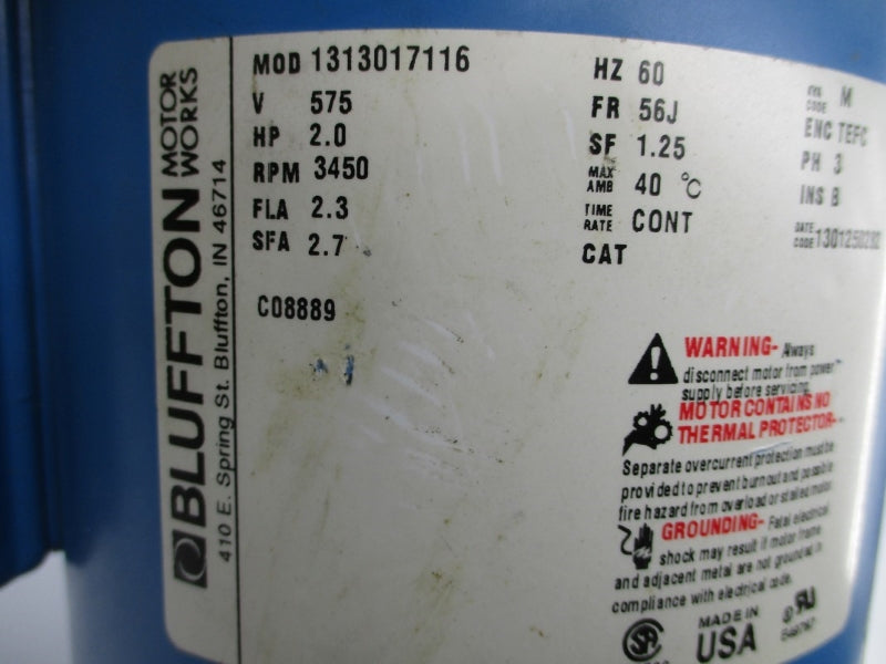 GOULDS WATER TECHNOLOGY 1BF1G6A0 3642 W/ BLUFFTON MOTOR WORKS 1313017116 575V 2.3A UNMP