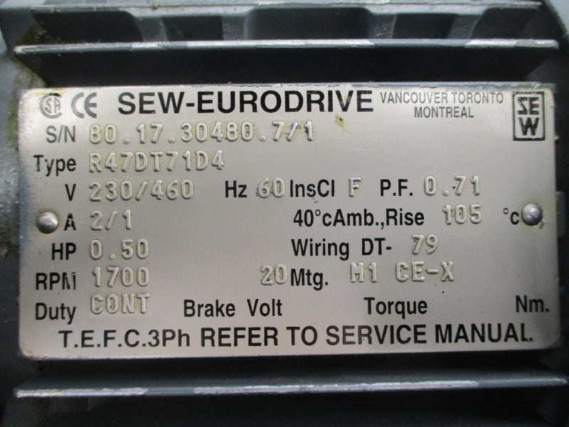 SEW EURODRIVE R47DT71D4 230/460V 2/1A NSNP