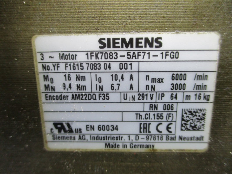 SIEMENS 1FK7083-5AF71-1FG0 291V 6.7/10.4A UNMP
