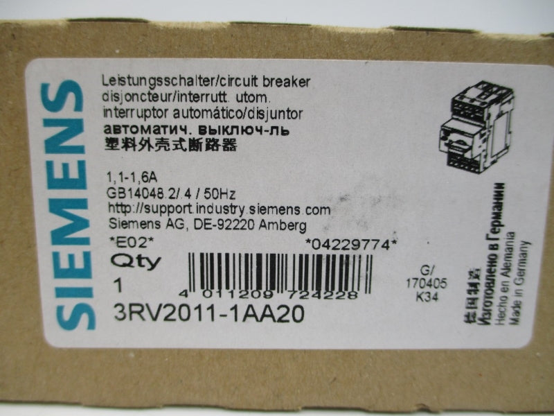 SIEMENS 3RV2011-1AA20 1.1-1.6A NSMP