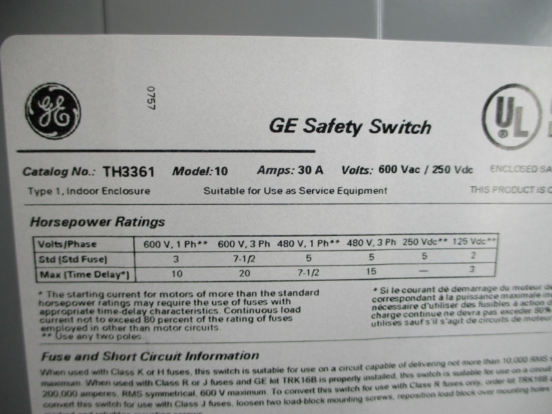 GENERAL ELECTRIC TH3361 600VAC 30A NSMP