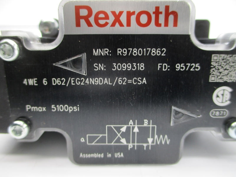 REXROTH 4WE6D62/EG24N9DAL/62=CSA R978017862 24VDC 1.25A 5100PSI NSNP