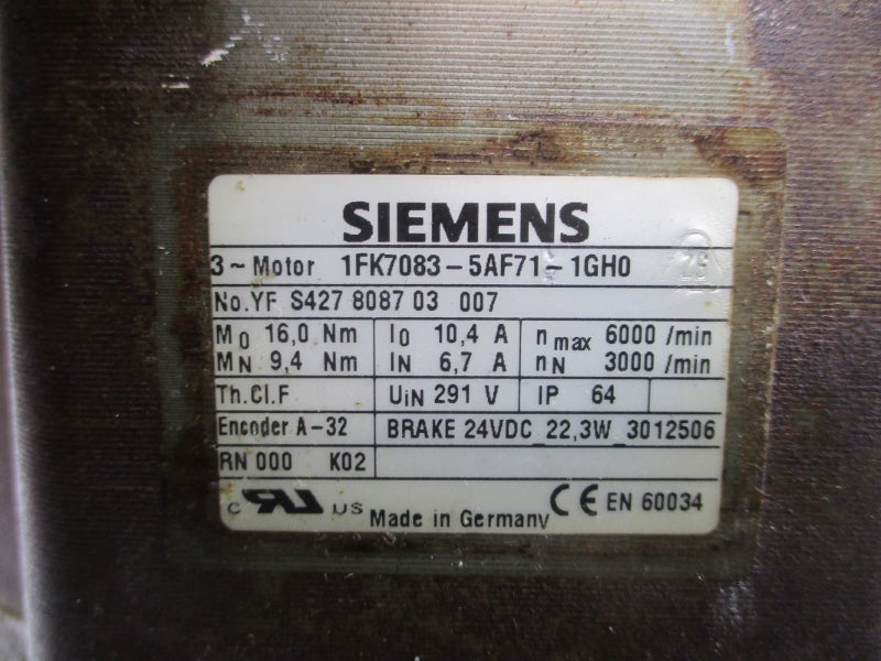 SIEMENS 1FK7083-5AF71-1GH0 291V 6.7/10.4A UNMP