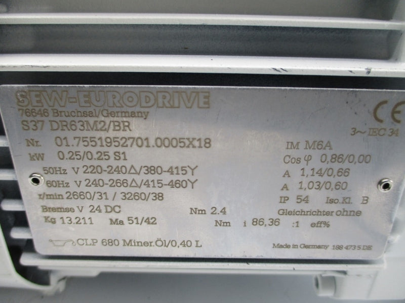 SEW EURODRIVE S37DR63M2/BR 415-460V 1.03/0.60A NSNP