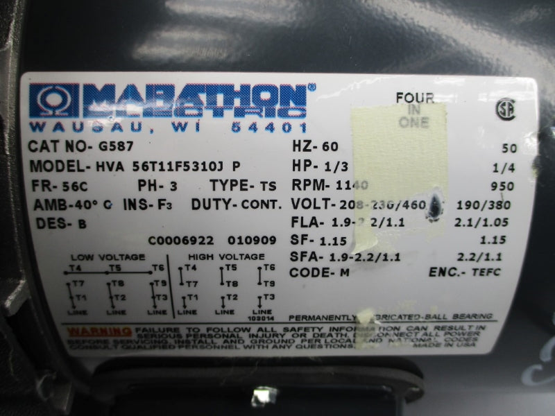 MARATHON ELECTRIC HVA56T11F5310JP G587 208-230/460V 1.9-2.2/1.1A NSNP