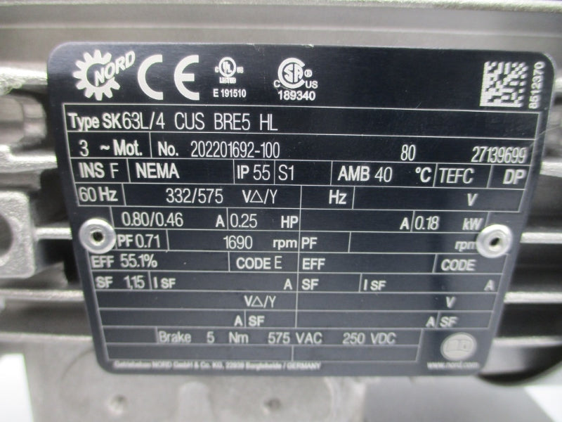 NORD SK63L/4CUSBRE5HL 332/575V 0.80/0.46A NSNP