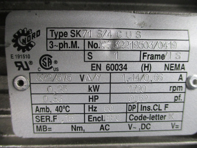 NORD SK71S/4CUS 332/575V 1.14/0.66A UNMP