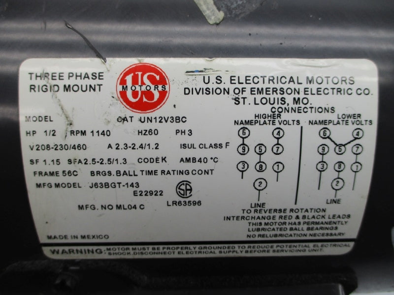 US MOTORS UN12V3BC 208-230/460V 2.3-2.4/1.2A UNMP