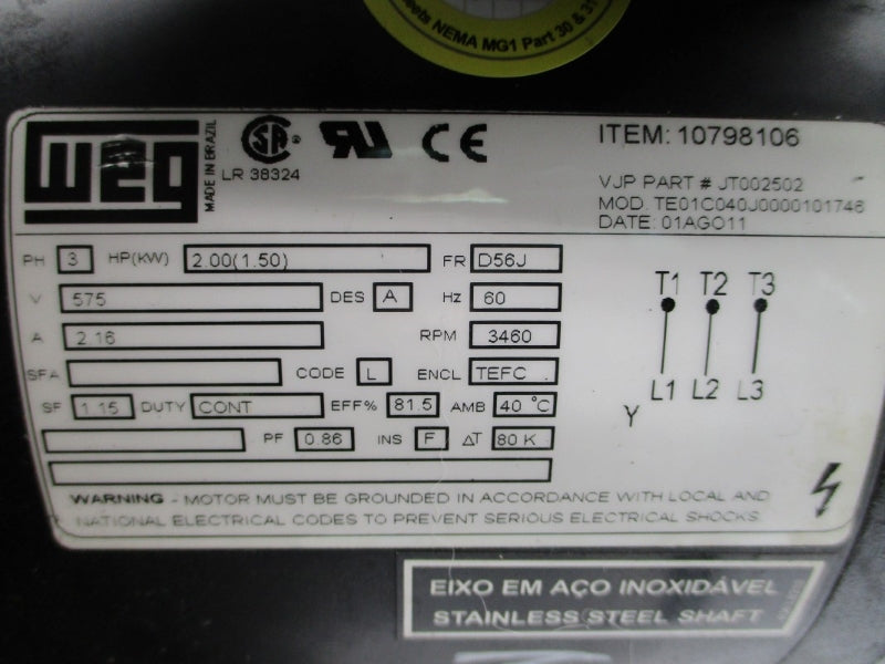 WEG JT002502 575V 2.16A (AS PICTURED) NSNP