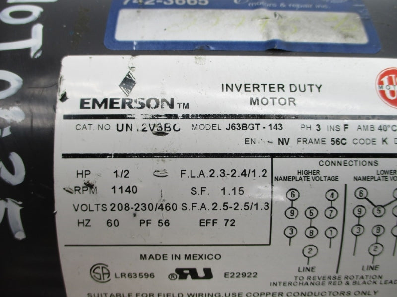 EMERSON UN12V3BA J63BGT-143 208-230/460V 2.3-2.4/1.2A UNMP