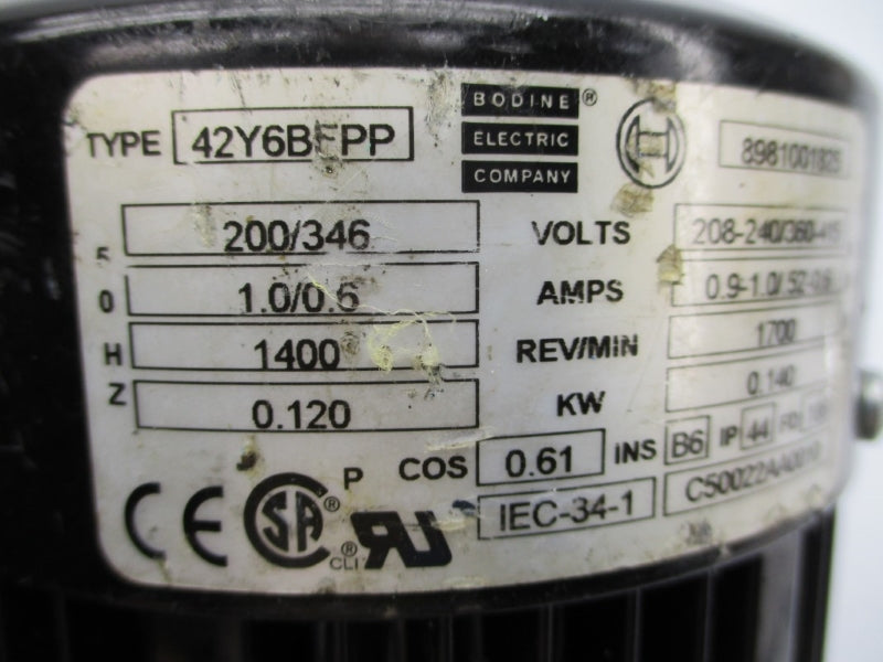 BODINE ELECTRIC 42Y6BFPP 200/346V 1.0/0.6A (AS PICTURED) UNMP