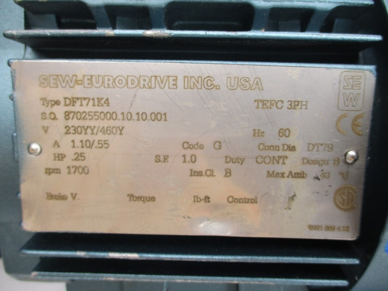 SEW EURODRIVE SA37TDT71K4 DFT71K4 230/460V 1.10/.55A NSNP