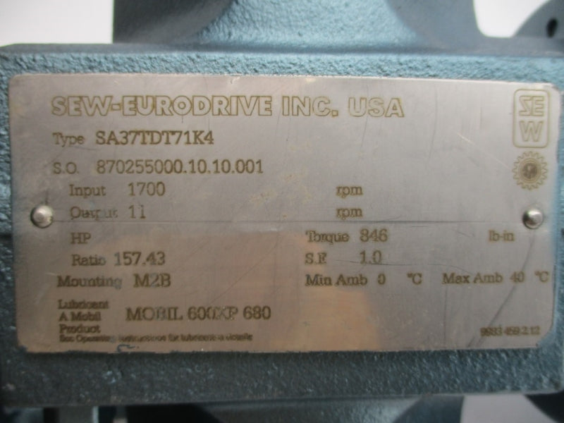 SEW EURODRIVE SA37TDT71K4 DFT71K4 230/460V 1.10/.55A NSNP