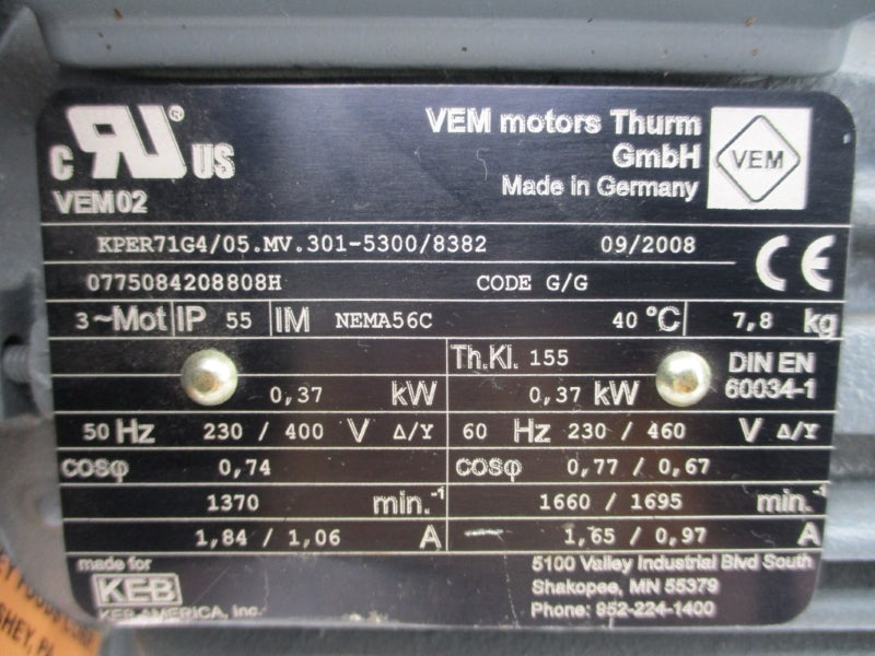 KEB VEM MOTORS KPER71G4/05.MV.301-5300/8382 230/460V 1.65/0.97A NSNP