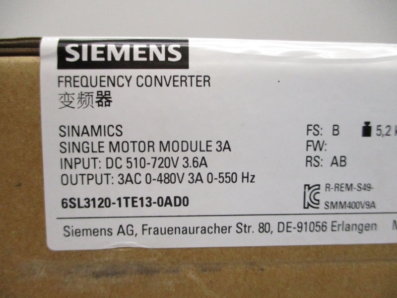 SIEMENS 6SL3120-1TE13-0AD0 510-720VDC 3.6A NSFS