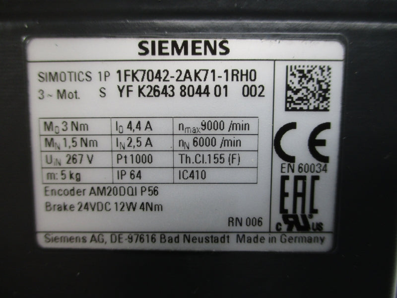 SIEMENS 1FK7042-2AK71-1RH0 24VDC 4.4/2.5A NSMP