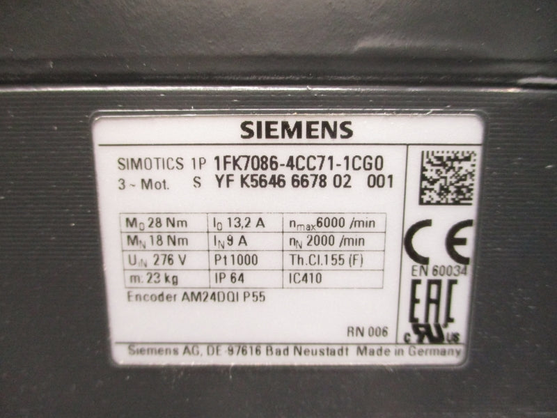 SIEMENS 1FK7086-4CC71-1CG0 276V 9/13.2A NSMP