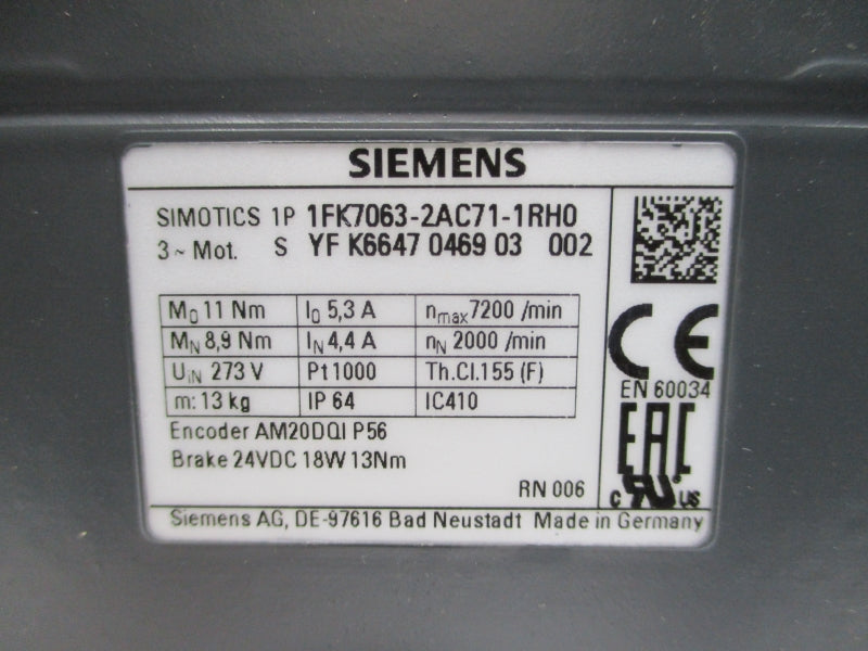 SIEMENS 1FK7063-2AC71-1RH0 24VDC 4.4/5.3A NSMP