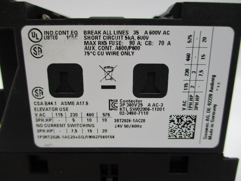 SIEMENS 3RT2026-1AC20 24V 25A NSMP