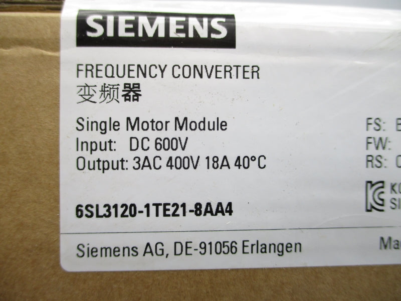 SIEMENS 6SL3120-1TE21-8AA4 600VDC 18A NSFS