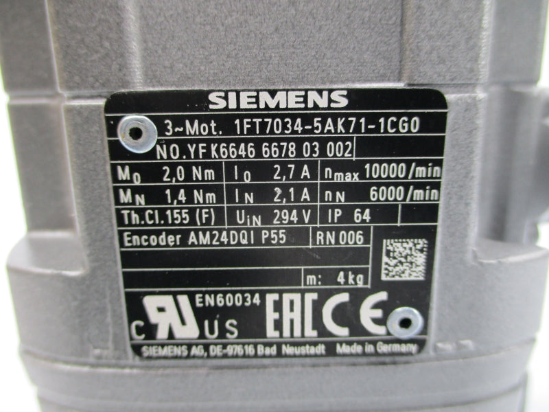SIEMENS 1FT7034-5AK71-1CG0 294V 2.1/2.7A NSMP