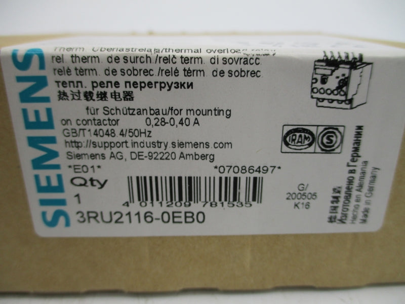 SIEMENS 3RU2116-0EB0 24VAC/DC 0.28-0.40A NSMP
