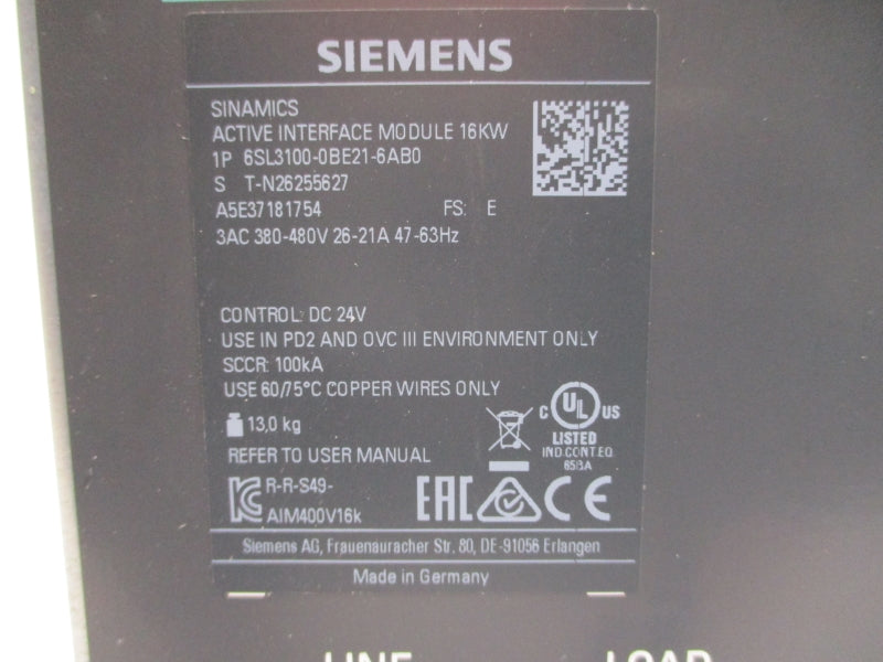 SIEMENS 6SL3100-0BE21-6AB0 380-480VAC 26-21A NSMP