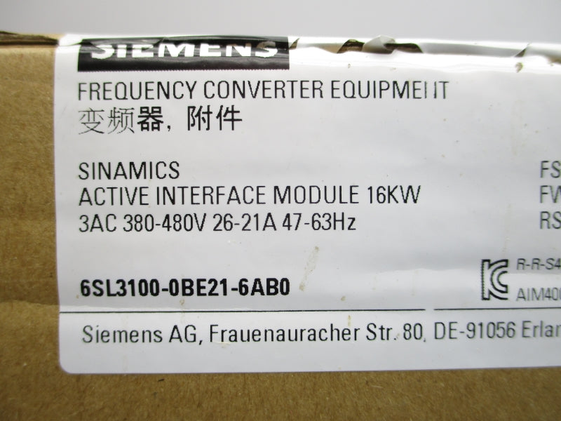 SIEMENS 6SL3100-0BE21-6AB0 380-480VAC 26-21A NSMP