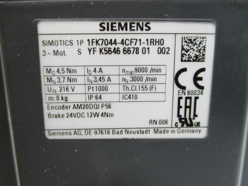 SIEMENS 1FK7044-4CF71-1RH0 216V 3.45/4A NSMP