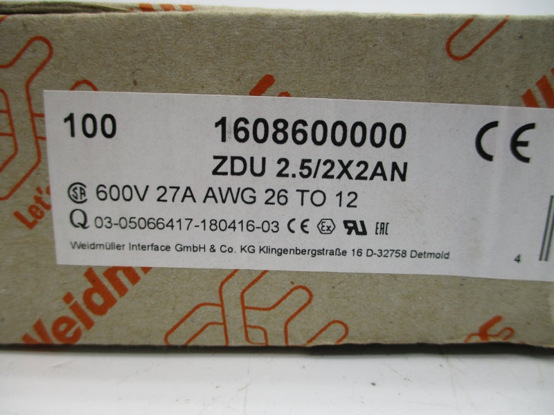 WEIDMULLER 1608600000 ZDU2.5/2X2AN 600V 27A (PKG OF 100) NSMP