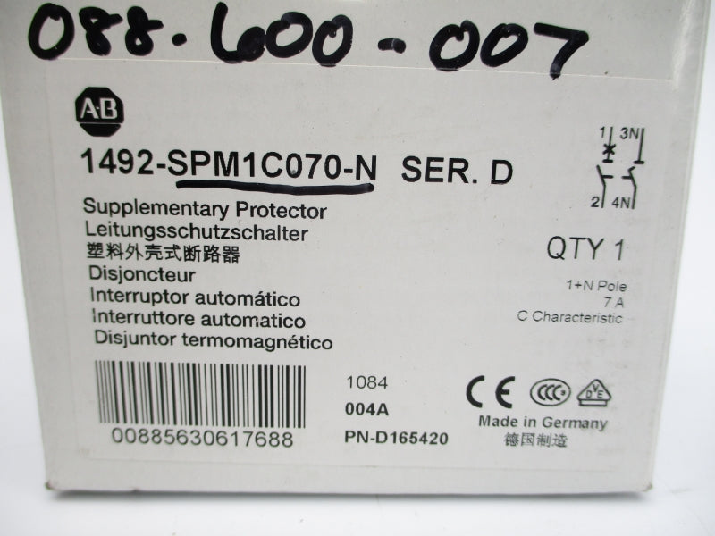 ALLEN BRADLEY 1492-SPM1C070-N SER. D 253VAC 7A NSMP