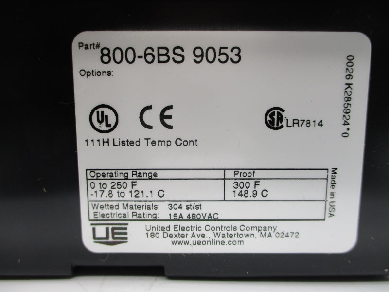 UNITED ELECTRIC CONTROLS 800-6BS-9053 480VAC 15A 0-250'F NSMP