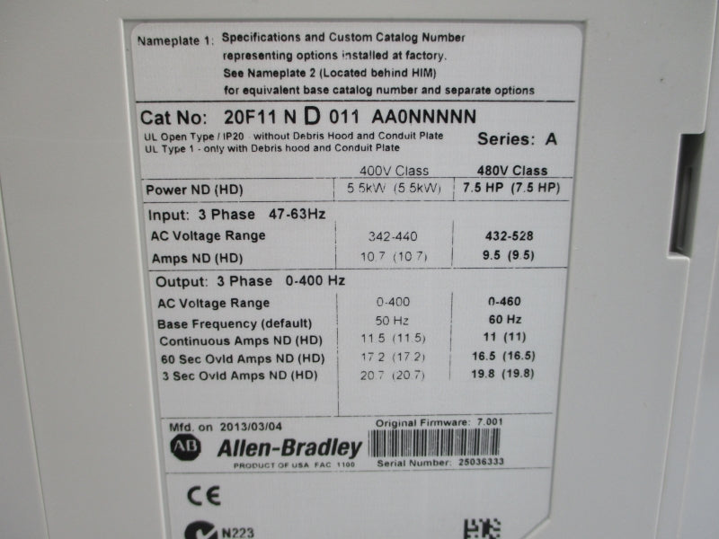 ALLEN BRADLEY 20F11ND011AA0NNNNN SER. A F/W 7.001 480VAC 9.5A NSMP