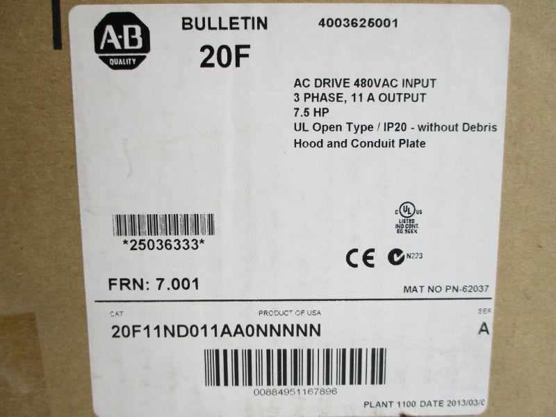 ALLEN BRADLEY 20F11ND011AA0NNNNN SER. A F/W 7.001 480VAC 9.5A NSMP