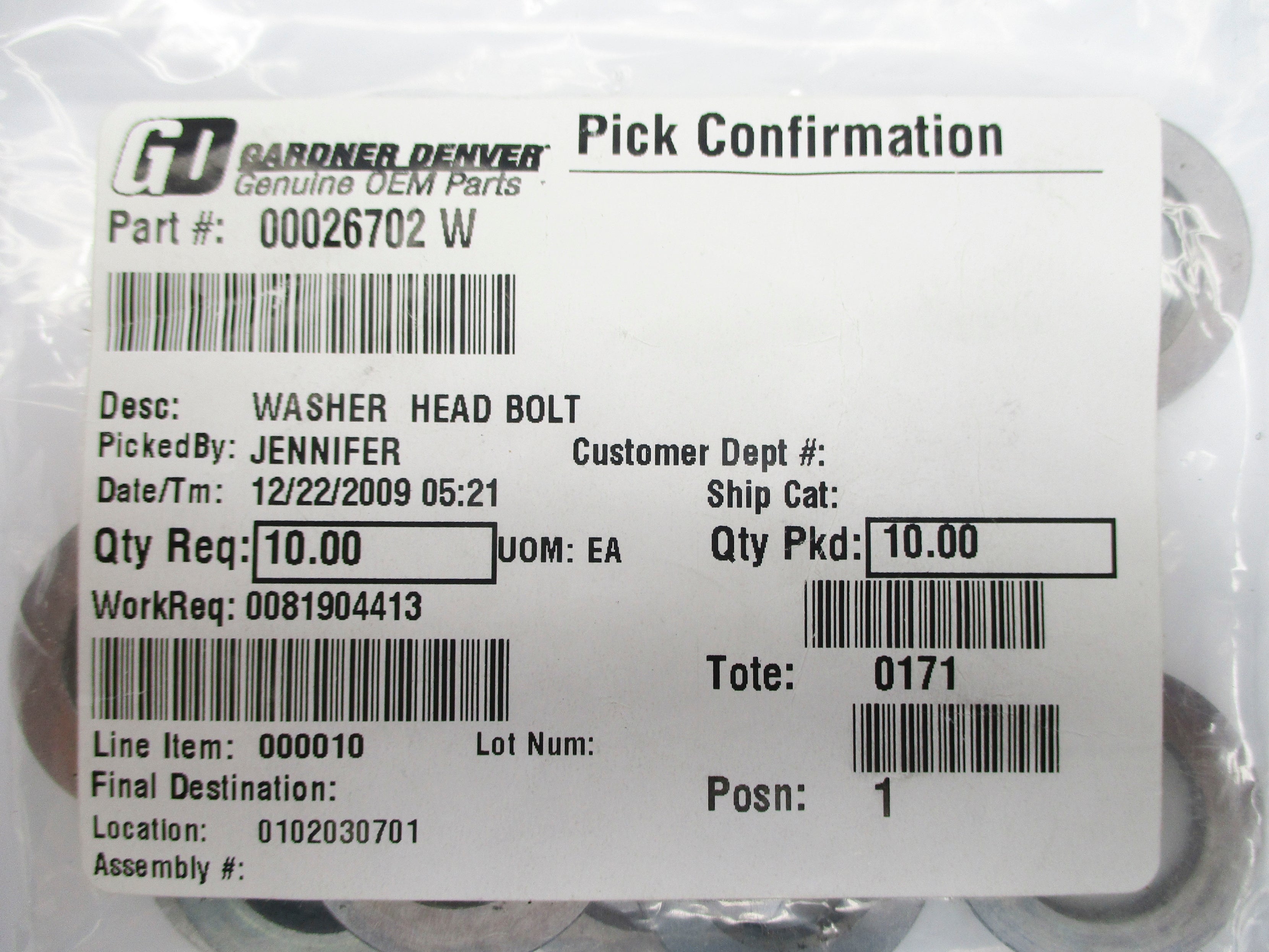 GARDNER DENVER 00026702W (PKG OF 10) NSMP