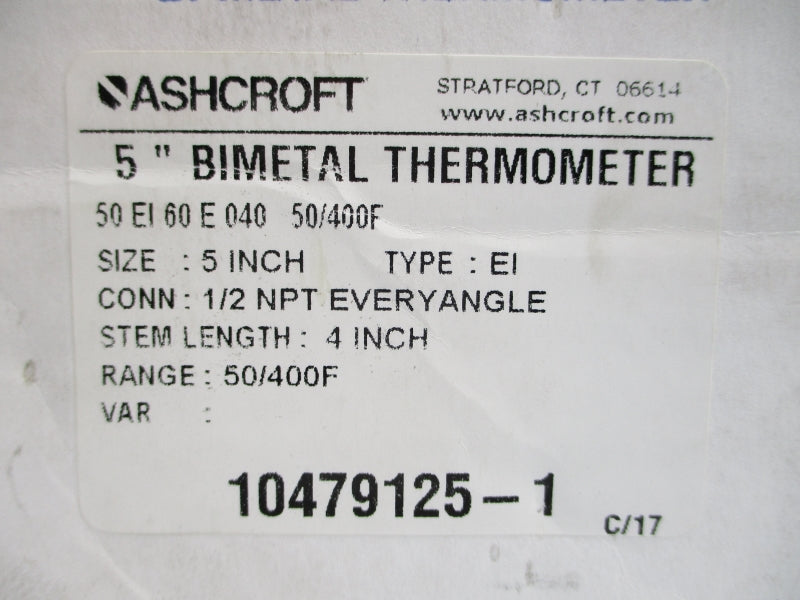 ASHCROFT 50EI60E040 50/400'F 1/2" STEM4 NSMP