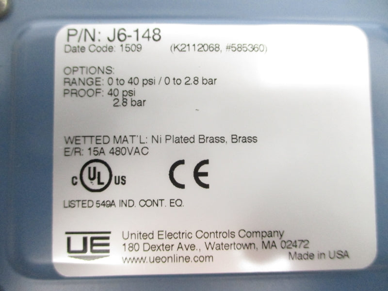 UNITED ELECTRIC J6-148 480VAC 15A 0-40PSI NSMP