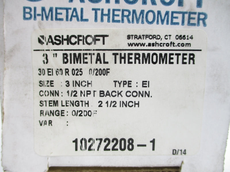 ASHCROFT 30EI60R025 0/200'F 3" STEM 2-1/2" NSMP