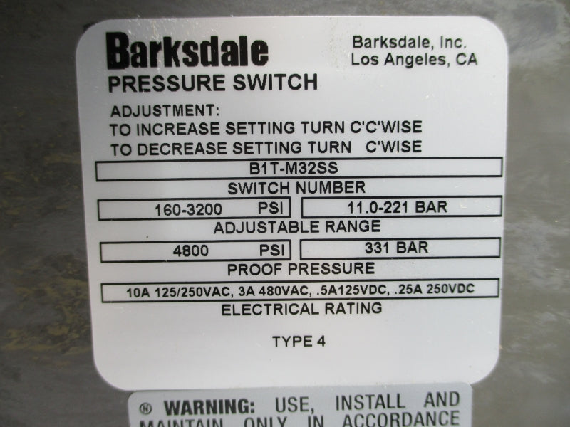BARKSDALE B1T-M32SS 480VAC 10A 160-3200PSI NSMP