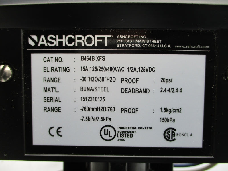 ASHCROFT B464BXFS 480VAC 15A 20PSI -30"H2O/30"H2O NSMP