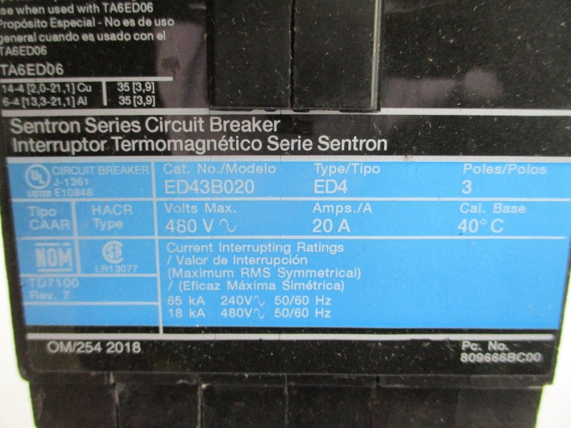 SIEMENS ED43B020 480V 20A NSMP