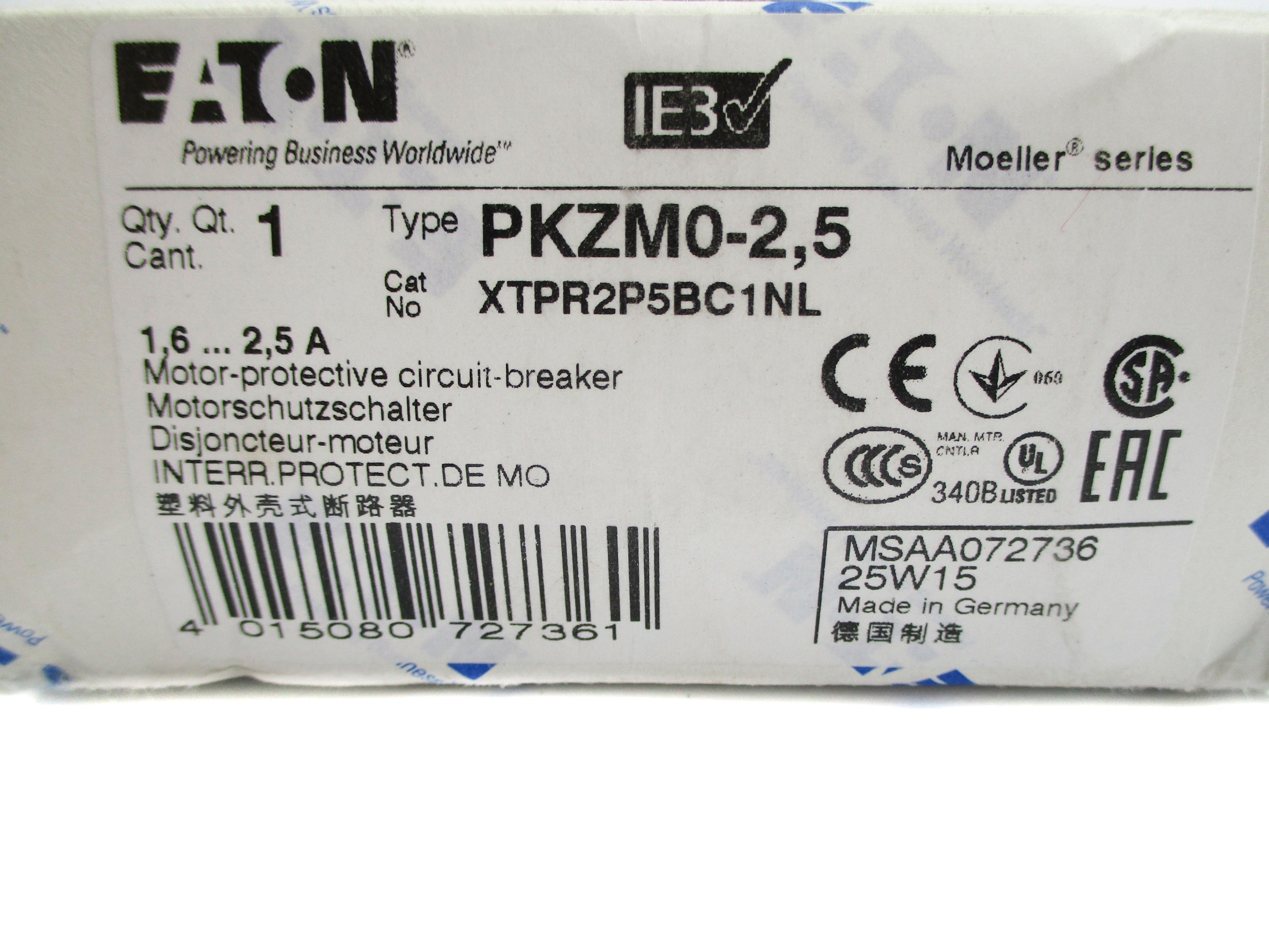 EATON PKZM0-2.5 XTPR2P5BC1NL 1.6-2.5A NSMP