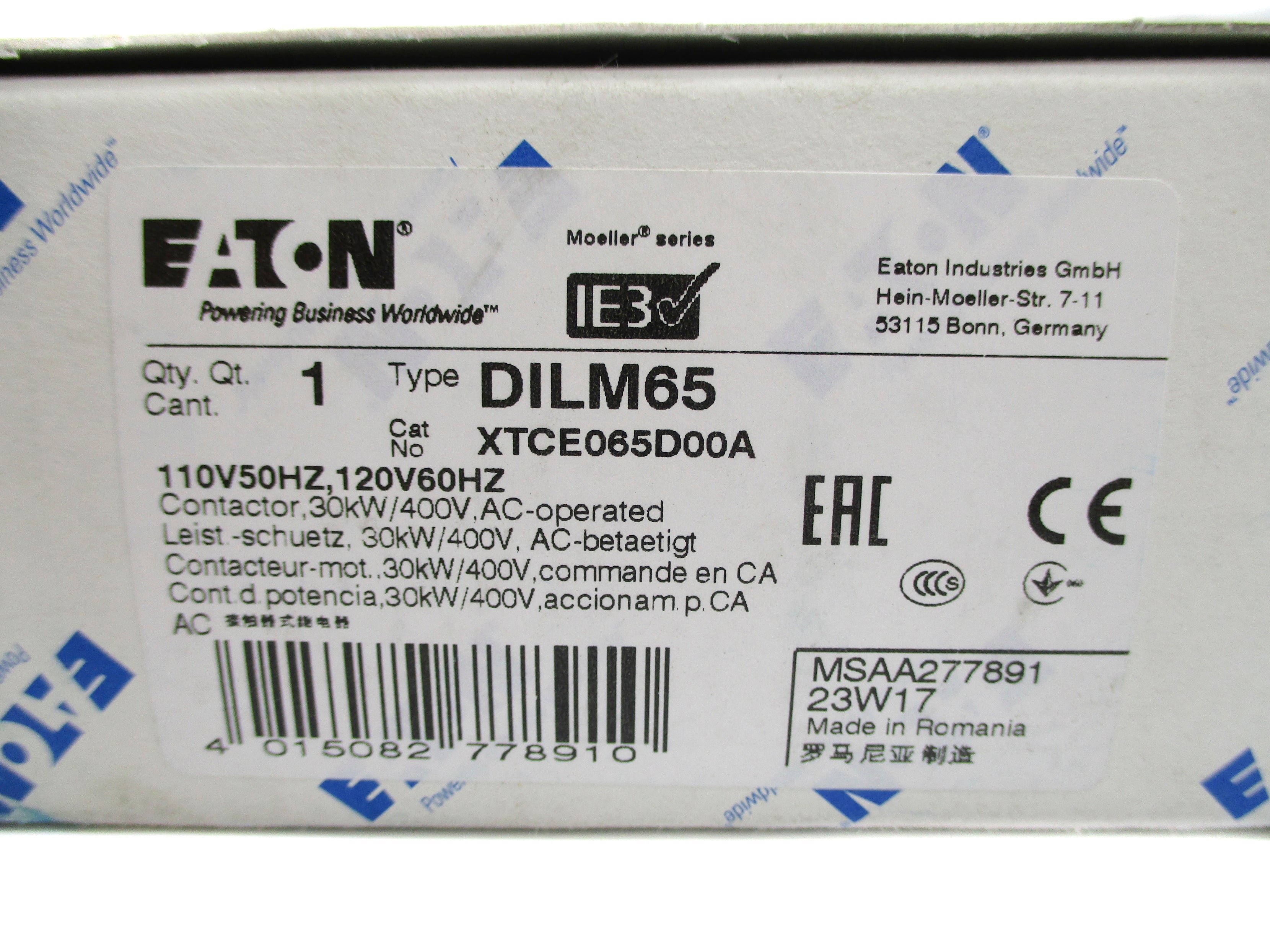 EATON XTCE065D00A DILM65 110/120V 98A NSMP